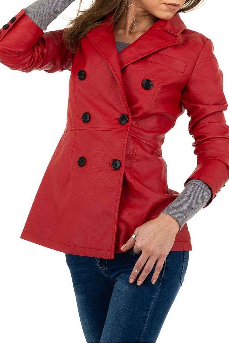 Krátky červený koženkový kabát -3