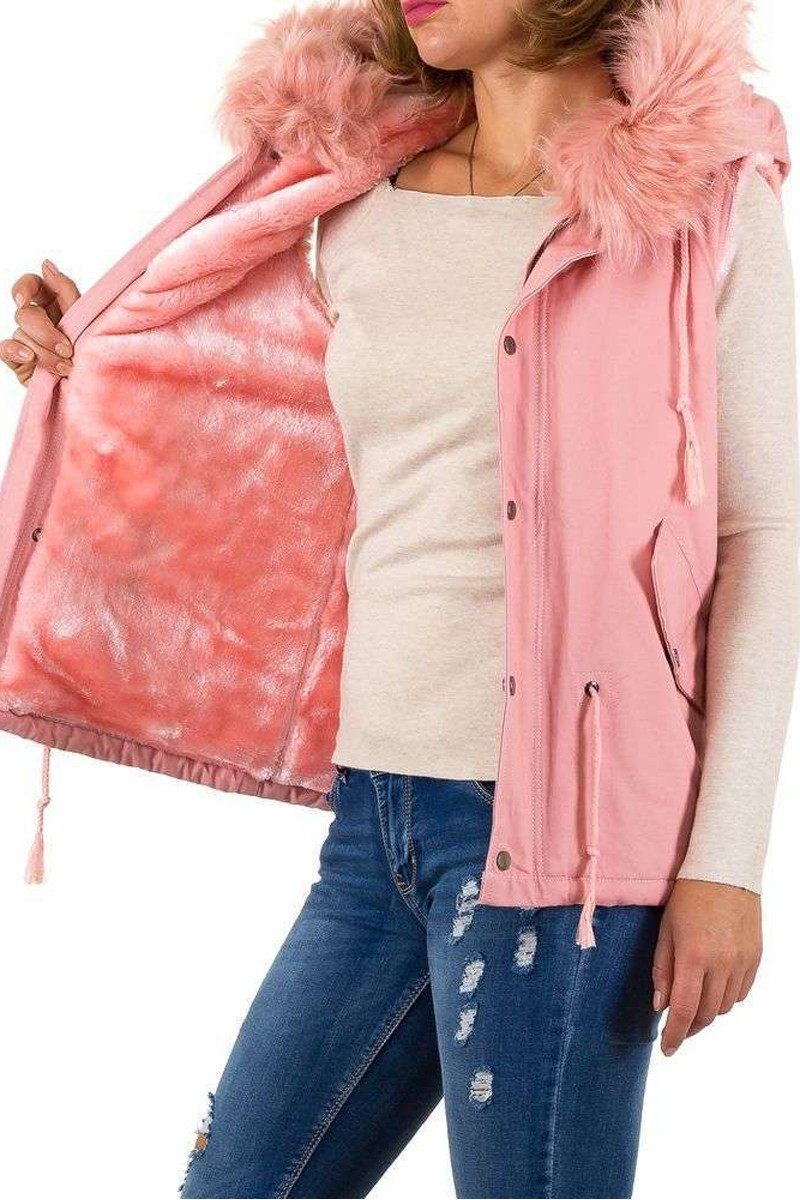 Ružová zateplená vesta s kožušinou -3