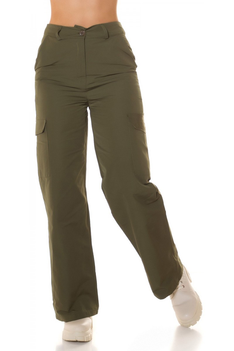 Vojensky zelené kapsáčové nohavice s vysokým pásom -4