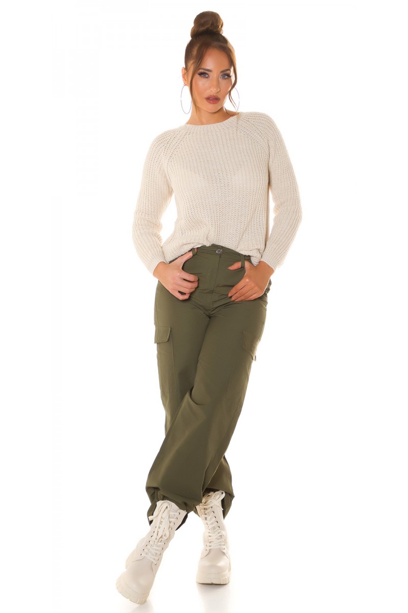 Vojensky zelené kapsáčové nohavice s vysokým pásom -6