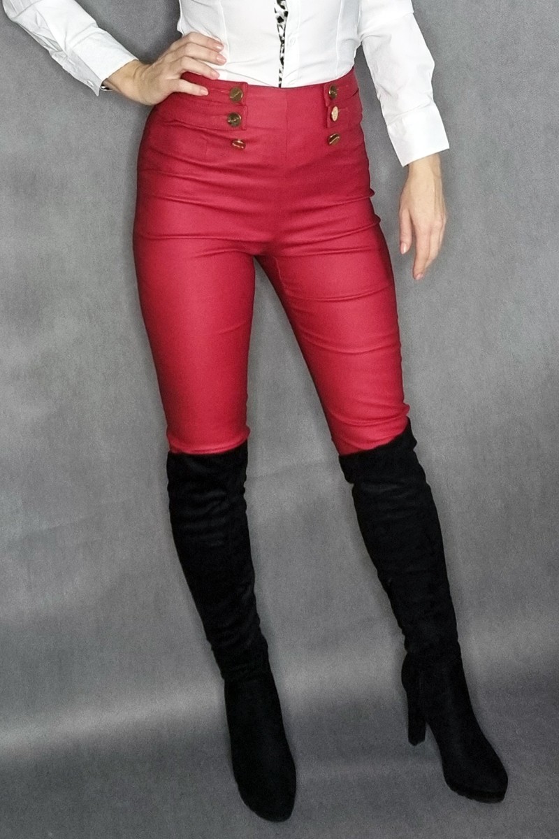Červené koženkové nohavice s vysokým pásom KouCla-1