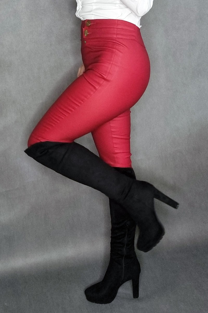 Červené koženkové nohavice s vysokým pásom KouCla-2