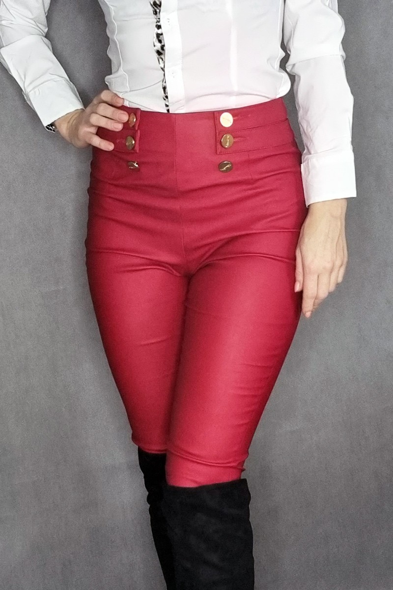 Červené koženkové nohavice s vysokým pásom KouCla-3