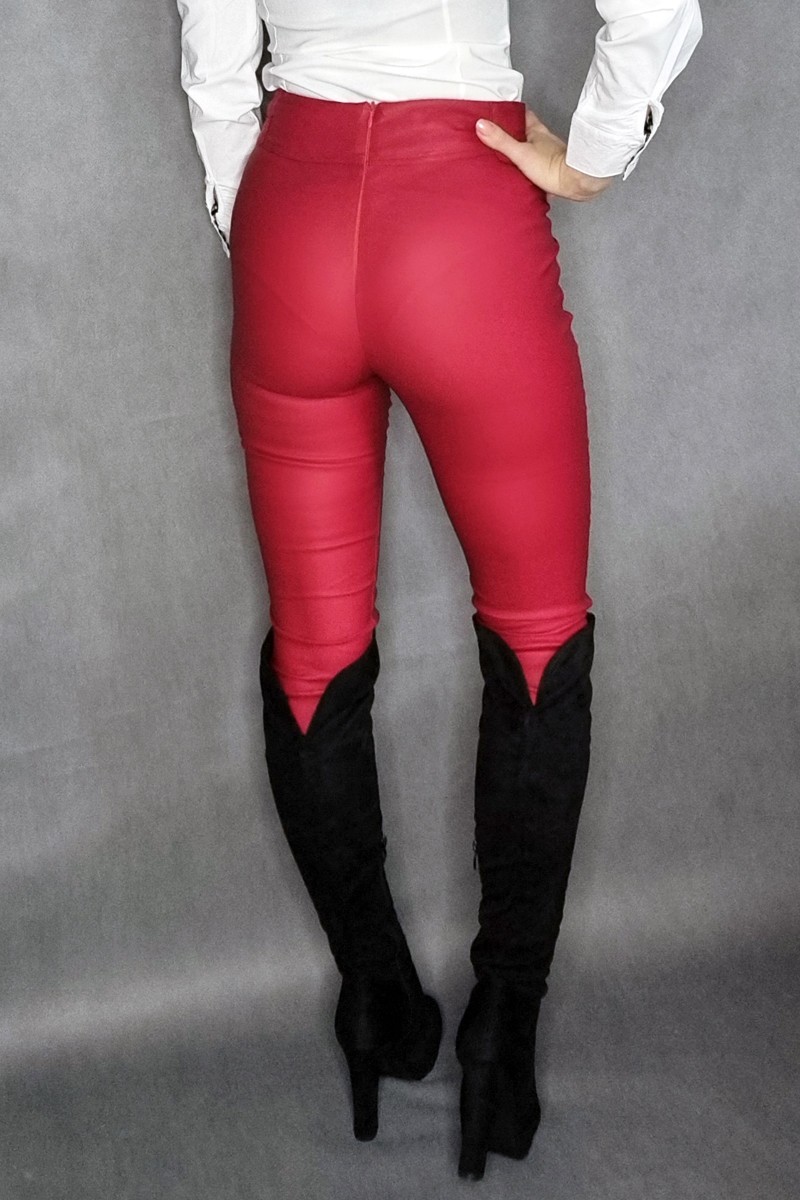 Červené koženkové nohavice s vysokým pásom KouCla-4