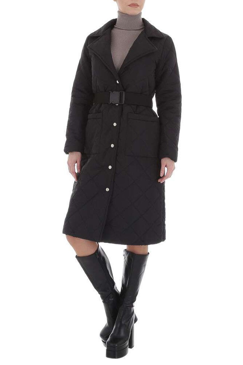 Dlhá čierna zimná bunda s opaskom -5