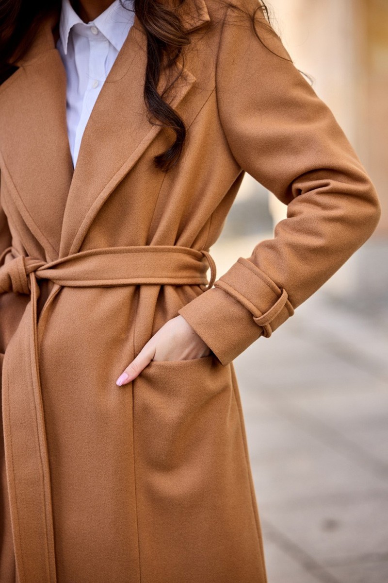 Dlhý vlnený hnedý dámsky kabát s opaskom -5