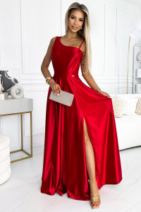 Dlhé červené saténové šaty na jedno rameno 524-1 Numoco-2