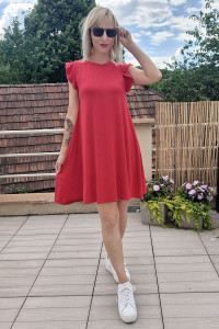 Krátke červené viskózové šaty s volánikmi -1